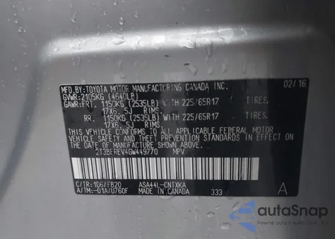 2016 Toyota Rav4 Le из США, поврежденный, VIN 2T3BFREV4GW449770